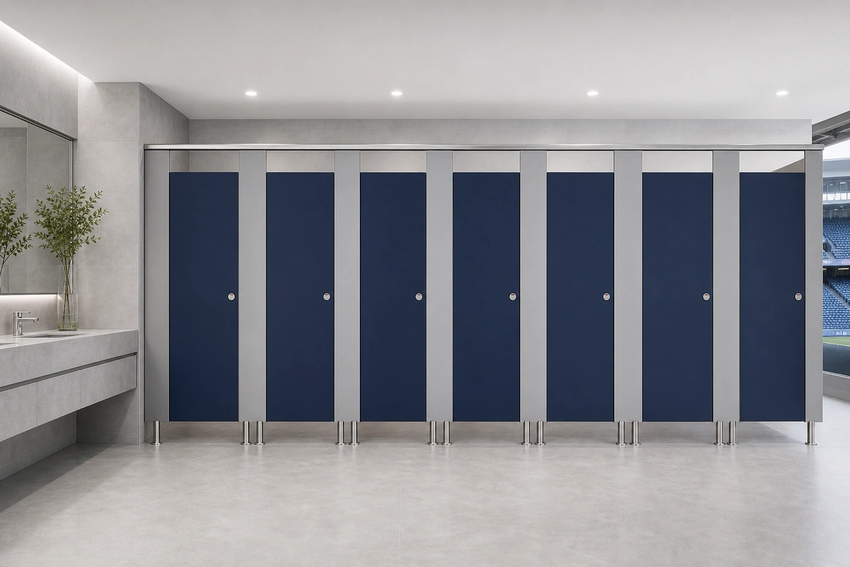 Navy blue High-density compact laminate toilet partitions in a factory staff washroom