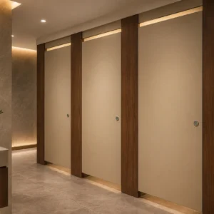 Ivory full-privacy HPL toilet partitions in a restaurant washroom