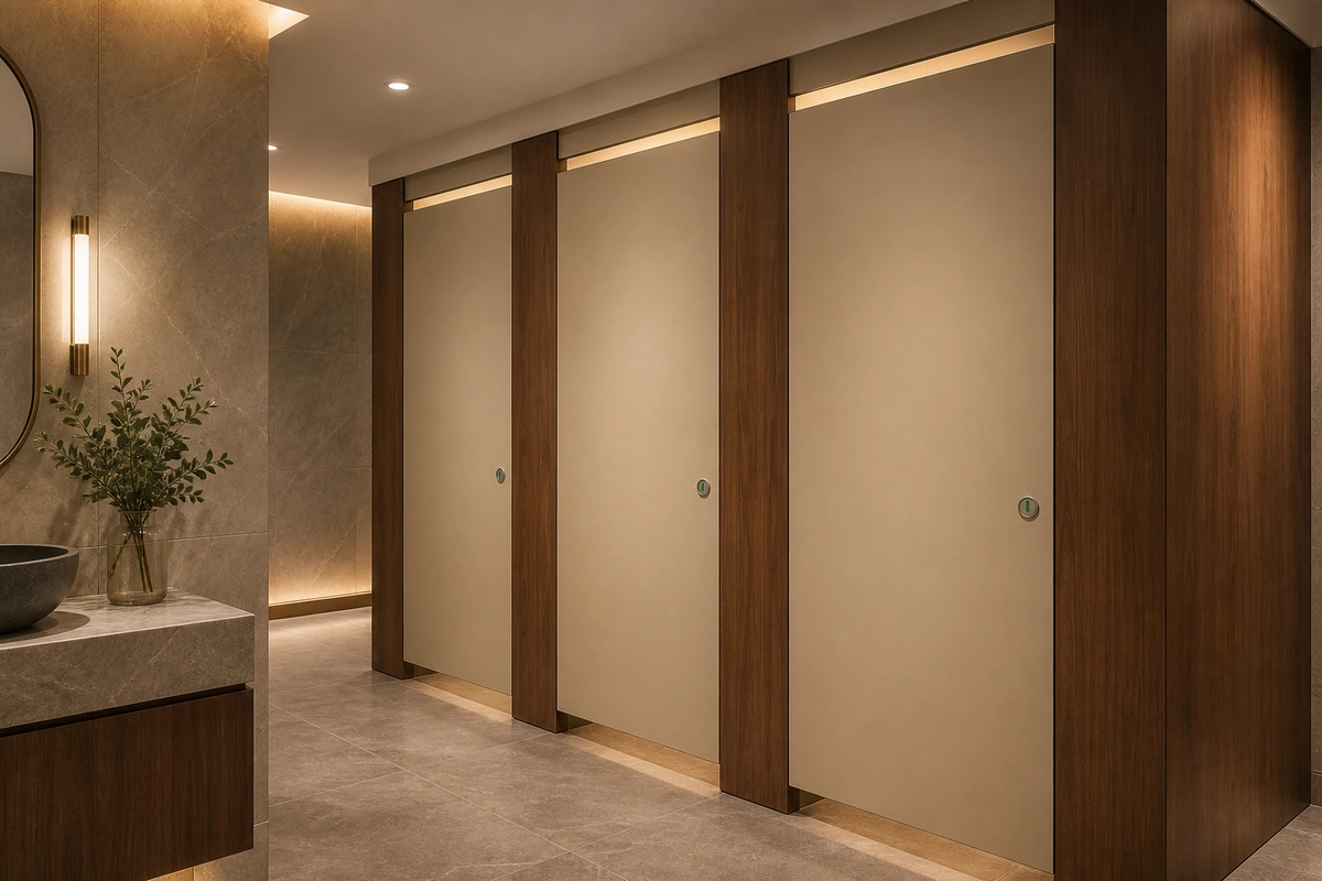 Ivory full-privacy HPL toilet partitions in a restaurant washroom