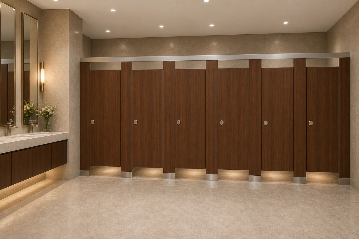 Matte ivory High pressure laminate toilet partitions in a luxury restaurant washroom