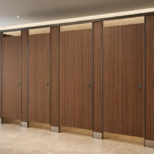 Walnut HPL toilet cubicles in a high-end hotel washroom