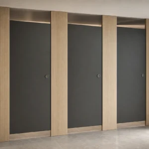 Full-privacy graphite toilet partitions in an airport washroom