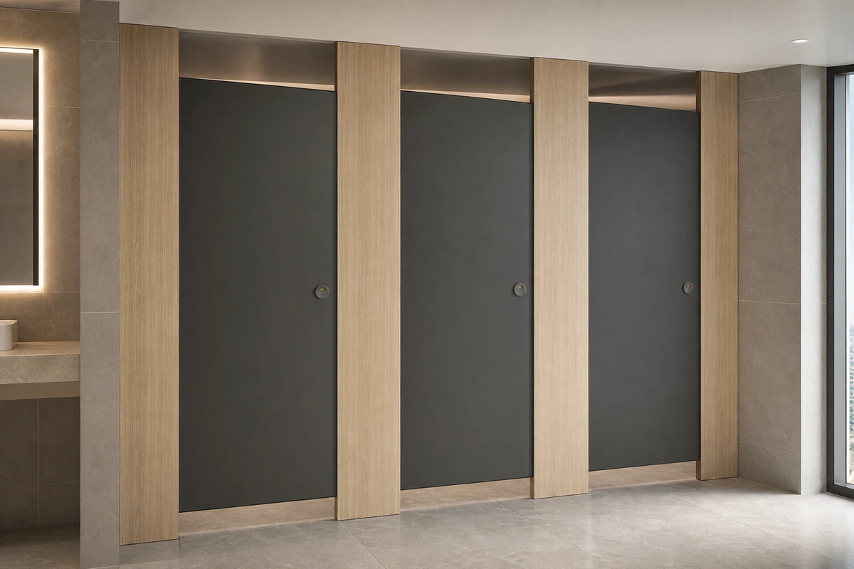 Full-privacy graphite toilet partitions in an airport washroom