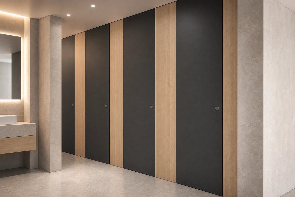 Graphite gray Compact laminate/HPL toilet partitions in a airport premium lounge washroom