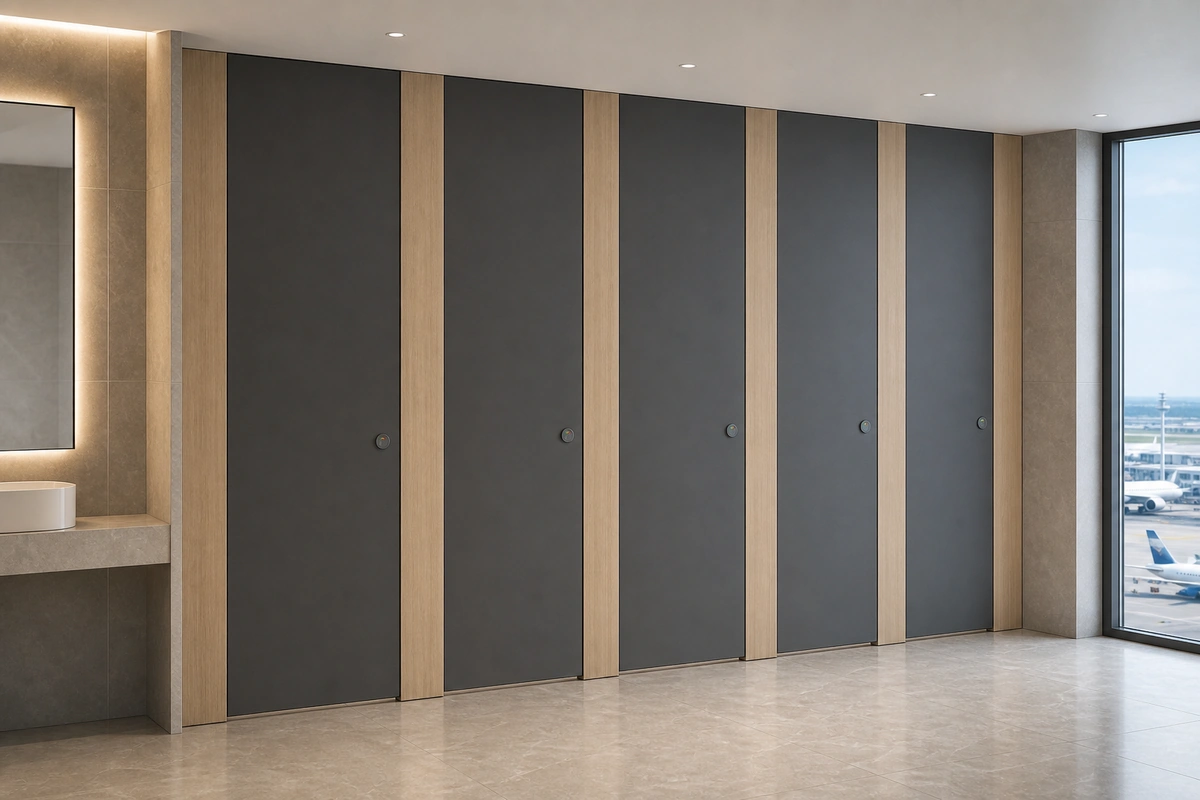 Compact laminate/HPL toilet partition top and floor anchoring detail