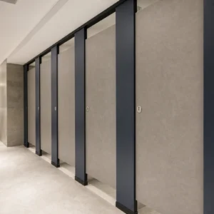 Stone-gray and navy toilet partitions for an office building