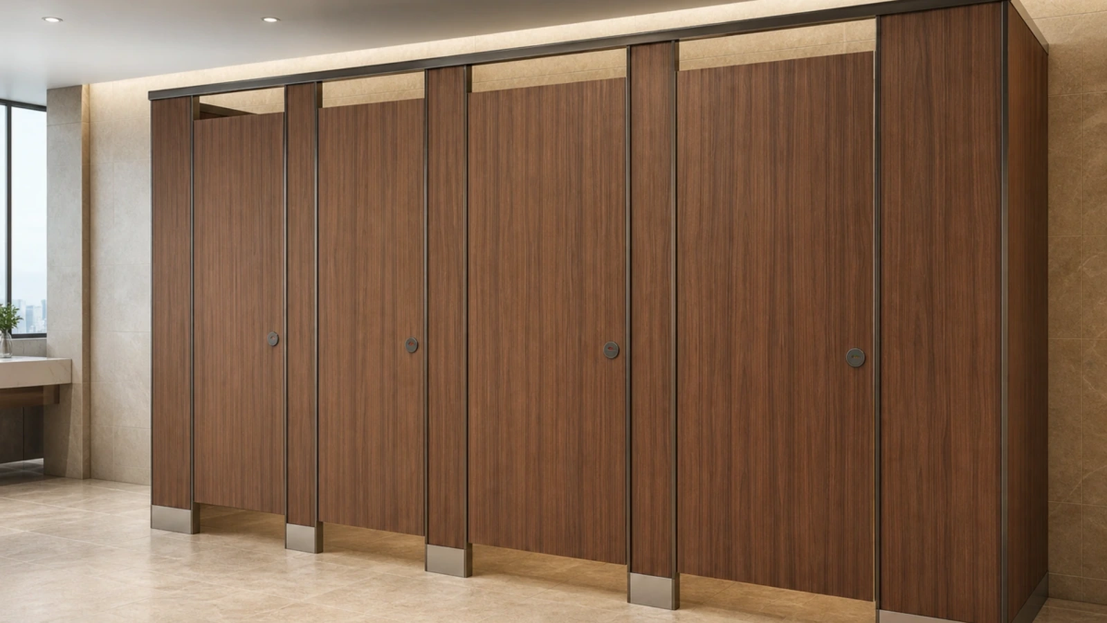 Walnut HPL toilet cubicles in a high-end hotel washroom — editorial 16:9 application view