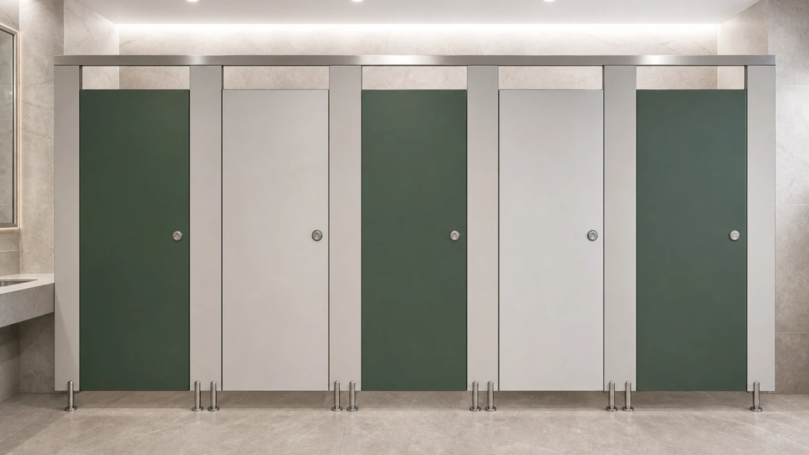 Green floor-mounted toilet partitions with correctly placed supports — editorial 16:9 application view